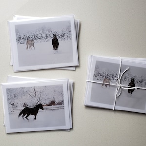 Cartes de notes mignonnes! Chevaux dans la neige, ensemble de 4 (2 de chaque) ou 8 (4 de chaque) vierges à l’intérieur, avec enveloppe. La taille est de 4 1/4 » x 5 1/2 »