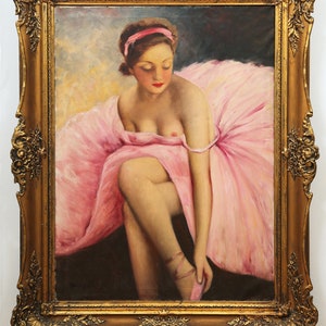 Antike Dosay L. Ballerina Anziehen Ballettschuh Öl Auf Leinwand Goldrahmen Kunstfertigkeit Eleganz Gemalt Früher Zeitlos Brust Rosa Kleid