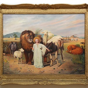 May include: A painting depicting a young child standing in a field with various animals, including a lion, a wolf, a lamb, a cow, and a leopard. The child is holding a branch with leaves, symbolizing peace. The background features a distant landscape with hills and a cloudy sky.