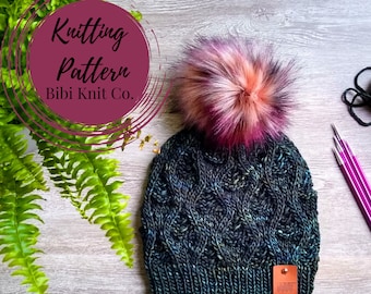 Knitting Pattern // Peacock Eye Beanie by Bibi Knit Co. // Beanie Knitting Pattern // Adult Hat Knitting Pattern // Adult Pom Pom Winter Hat