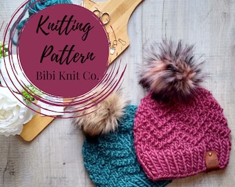 Knitting Pattern // Chevron Beanie by Bibi Knit Co. // Beanie Knitting Pattern // Adult Hat Knitting Pattern // Adult Pom Pom Winter Hat