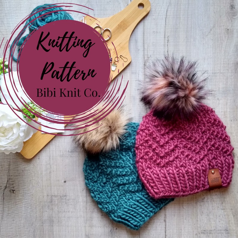 Knitting Pattern // Chevron Beanie by Bibi Knit Co. // Beanie Knitting Pattern // Adult Hat Knitting Pattern // Adult Pom Pom Winter Hat image 1