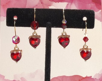 Red and Gold Dangle Heart Earrings