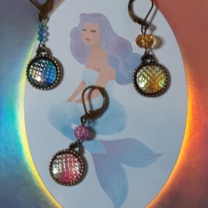 Mermaid Tail or Dragon Scale Medallion with Glass Bead Drop Earrings in Pink, Blue, or Yellow