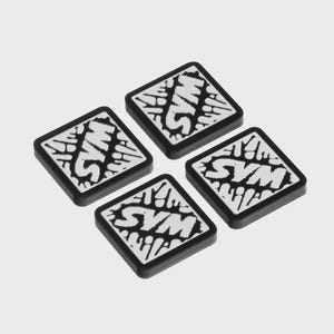 May include: Four square black and white stickers with the letters "SVM" in a stylized font. The letters are white with black drips and are set against a white background. The stickers have a black border.