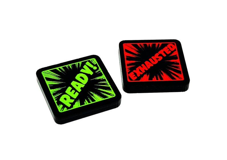 Puede incluir: Dos piezas cuadradas de juego negras con un dise&ntilde;o de estrella blanca. Una pieza tiene la palabra "READY!" en texto verde y la otra pieza tiene la palabra "EXHAUSTED" en texto rojo.