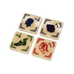 May include: Four square game tiles with different symbols and numbers. The tiles are cream coloured with green, blue, red, and black accents. The symbols include a person's head, a book, a shoe, and a fist. The numbers are +4, +3, +4, and +3.