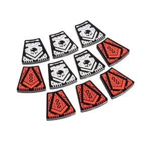 May include: A set of ten red and white patterned game pieces. The pieces are shaped like a curved triangle with a skull design in the center.