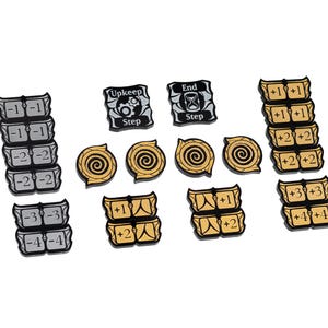 May include: A set of 14 black and gold plastic tokens for a board game. The tokens feature various numbers and symbols, including "Upkeep", "End", "Step", and "+1", "+2", "+3", and "+4".