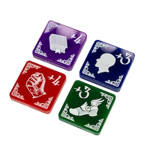 May include: Four square game tokens with different symbols and colours. The tokens are purple, blue, red, and green. Each token has a +3 or +4 symbol and a different image. The images are a book, a head, a fist, and a winged shoe.