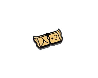 May include: A black and gold dice with the number "1" and "2" on each side. The dice are connected together with a black outline.