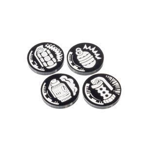 May include: Four black and white circular tokens with different images of grenades. Each token has a white outline and a black background.