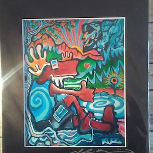 May include: Colorful artwork featuring a moose figure in a relaxed pose, with a thumbs-up gesture. The art piece has a vibrant color palette, including red, blue, and orange. The moose is set against a backdrop of mountains, a rising sun, and a sunflower. Signed by the artist.