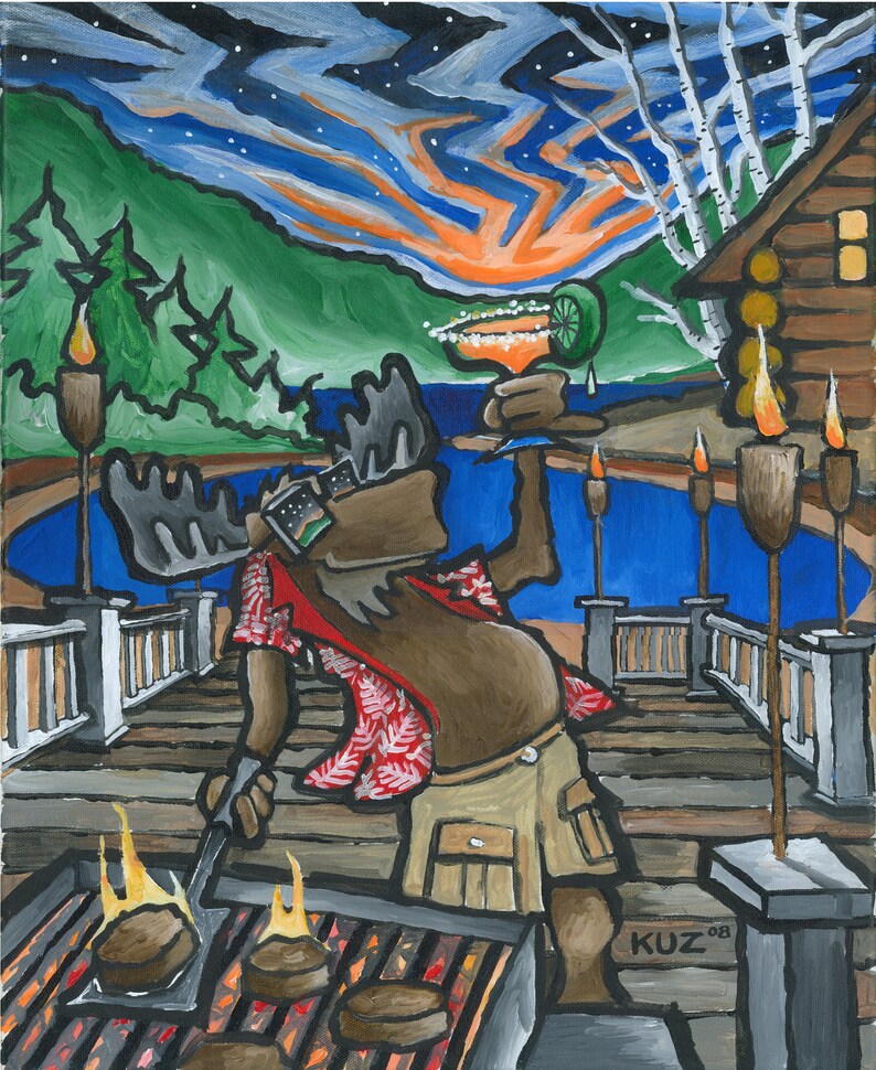 Man Cave Mountain Decor Cocktail Lake House Grilling Wall Art Moose Wood Art Dad Rustic Decor Dad Cosmic Moose Art