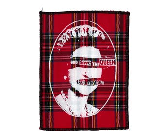 Écusson God Save the Queen tartan rouge - écusson surjeté - écusson punk 1977 - séditionnaires - punk britannique londonien - GSTQ -