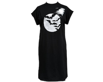 Womens Gothic High Neck T-Shirt Dress Vampire Bats Full Moon Halloween