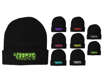 THE CRAMPS KNITTED BEANIE HAT WINTER PSYCHOBILLY GARAGE HORROR EMBROIDERED RED