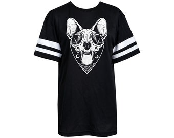 Damen Gothic American Football Netz T-Shirt Baggy Slouch Katze Kitty Skull