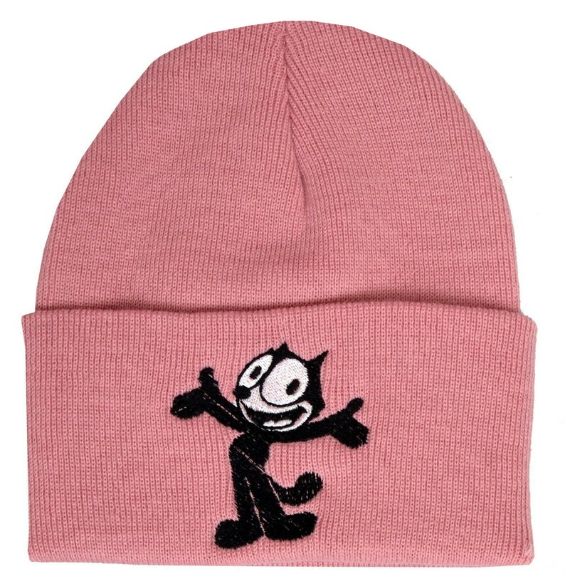 Dusty Rose Pink Felix the Cat Embroidered Winter Beanie 1920/'s Vintage Retro Cartoon