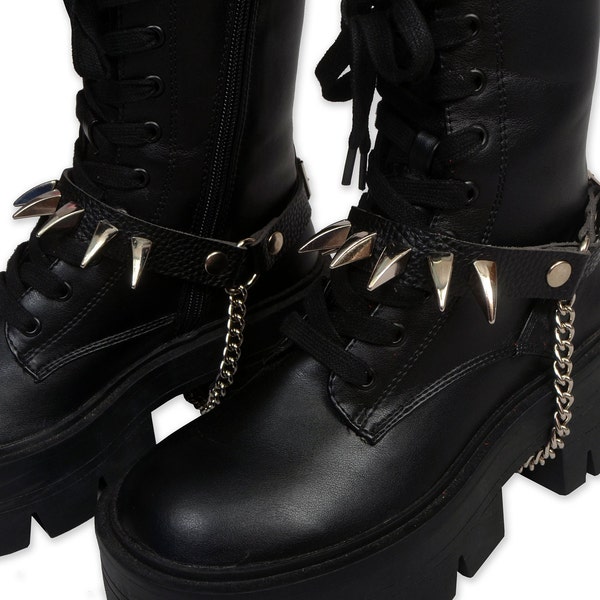 Claw Vegan Faux Black Leather Punk Boot Straps with Studded Spikes