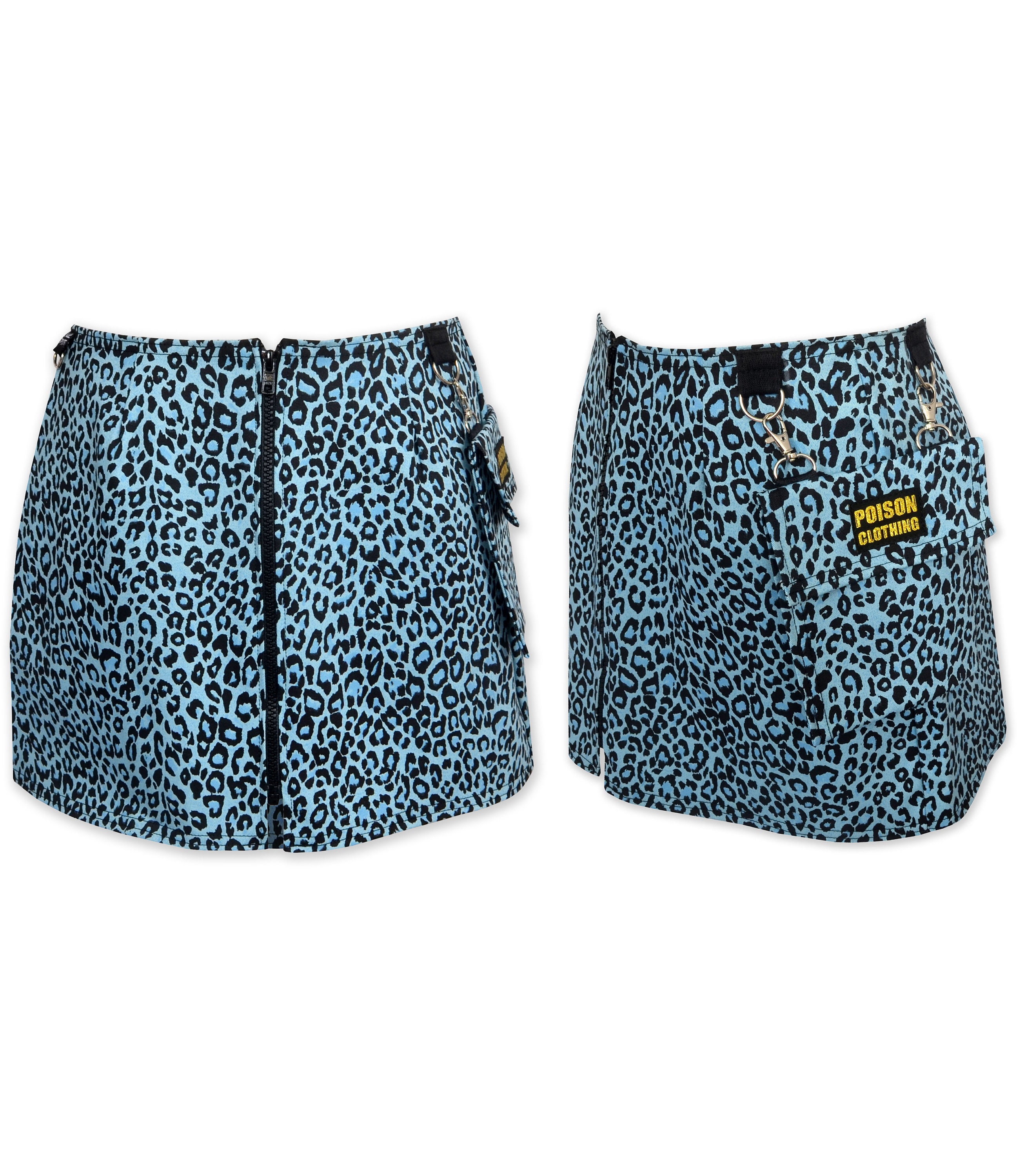 Women s Light Blue Leopard Print Mini Skirt Pocket Pouch Bag Zipper Punk