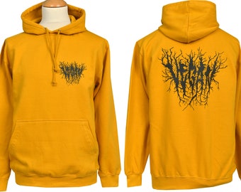 Mustard Yellow Unisex Hoodie Black Metal Vegan Screen Print