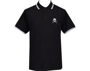 Men's Black & White Punk Tipped Polo Shirt Skull and Crossbones Rocker