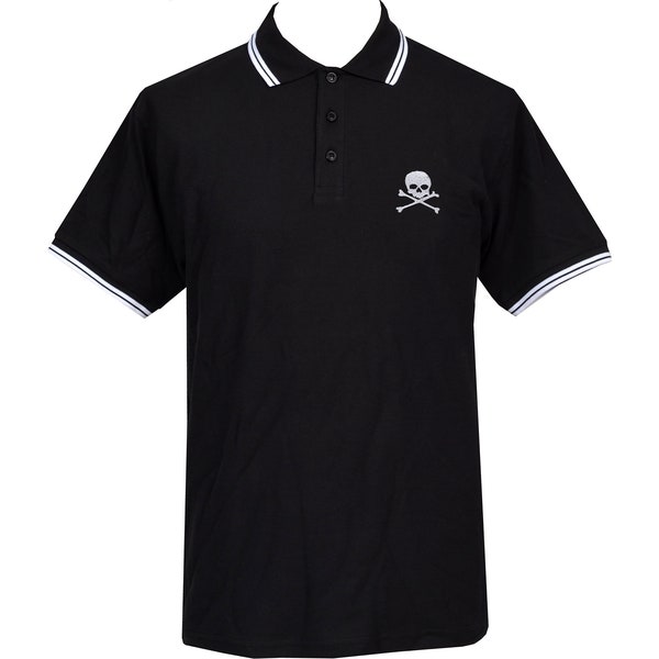 Men's Black & White Punk Tipped Polo Shirt Skull and Crossbones Rocker