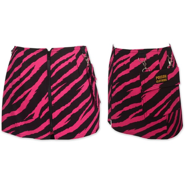 Women's Pink Zebra Print Mini Skirt Pocket Pouch Bag Zipper Punk