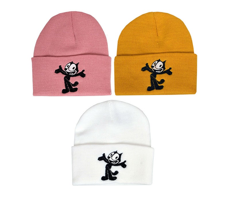 Dusty Rose Pink Felix the Cat Embroidered Winter Beanie 1920/'s Vintage Retro Cartoon