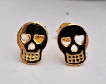 Gold plated sterling silver sugar skull earrings, Goth wedding jewellery, Unisex Halloween skull stud earrings, Birthday gift for her.