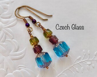 Czech glass earrings, Long drop antique bronze Boho earrings, Handmade statement earrings in blue or pink glass, Birthday gift for her.