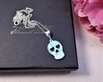 Sterling silver skull pendant with chain, Large Sugar skull necklace, Unisex skull pendant layering necklace, Birthday gift for him.