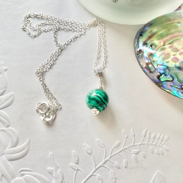 Malachite and sterling silver pendant, Handmade gemstone layering necklace, Genuine green Malachite jewellery, Birthday gift for her.