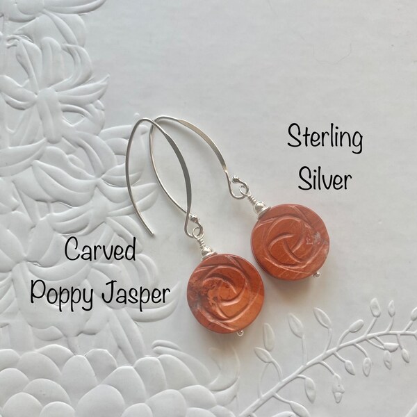 Sterling silver Poppy Jasper earrings, Handmade carved gemstone flower earrings, Long drop Chakra gemstone earrings, Birthday gift for her.