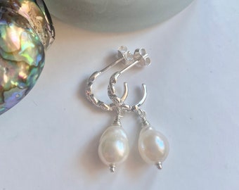 Sterling silver Pearl hoop earrings, White Pearl Bridal earrings, Handmade Pearl drop earrings for Bridesmaids, Birthday gift for her.