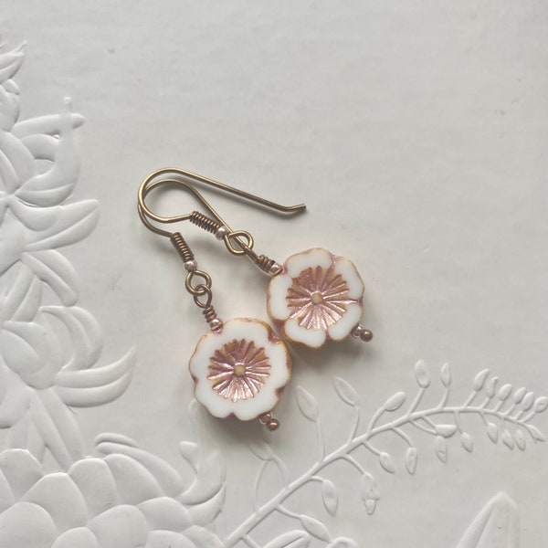 Czech glass flower earrings, Handmade antique bronze floral earrings, Long drop statement earrings, Birthday gift for her.