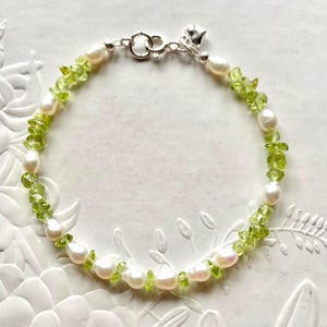 Pearl And Peridot Bracelet With Heart Charm, Handmade Gemstone Sterling Silver Jewellery.