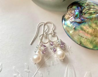 Aquamarine Amethyst and Pearl Earrings: Handmade Sterling Silver Bridal Jewellery.