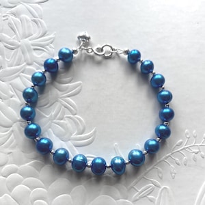 Sterling silver Pearl bracelet, Handmade blue Pearl bracelet with silver heart charm, Bridal Pearl jewellery, Birthday gift for her.