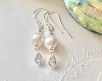 Aquamarine And Pearl Earrings: Handmade Sterling Silver Bridal Jewellery.