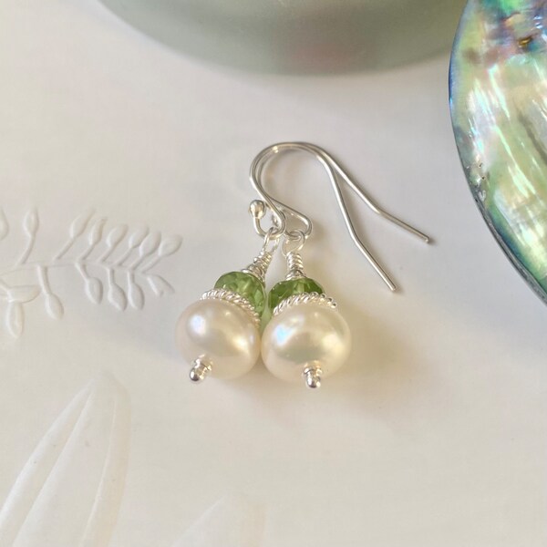 Peridot and white Pearl sterling silver earrings, Dainty drop earrings, Handmade gemstone earrings for Bridesmaids, Birthday gift for her.