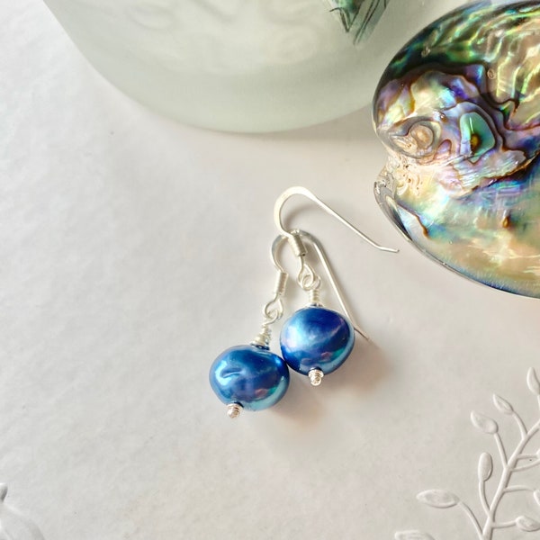 Sterling silver blue Pearl earrings, Freshwater Cultured Pearl earrings for Bridesmaids, Handmade drop earrings, Birthday gift for her.