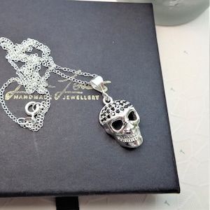 Sterling silver skull pendant with chain, Skull necklace with black Cubic Zirconia, Goth wedding skull jewellery, Birthday gift for her.