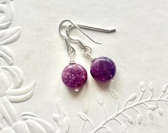 Lepidolite Sterling Silver Drop Earrings, Handmade Heart Chakra Gemstone Jewellery