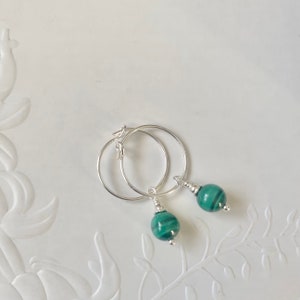Malachite sterling silver hoop earrings, Small hoop earrings with gemstone charm, Handmade green gemstone jewellery, Birthday gift for her.