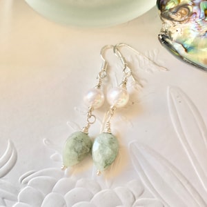 Burmese Jade and Pearl sterling silver earrings, Green Jadeite and white Pearl earrings, Handmade gemstone jewellery, Birthday gift for her