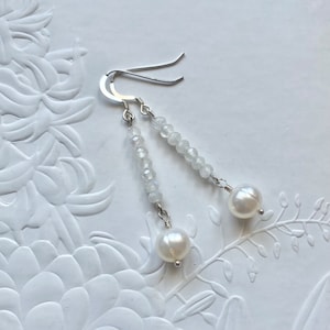 Rainbow Moonstone and Pearl earrings, Handmade sterling silver gemstone earrings, Long drop earrings for Bride, Birthday gift for her.