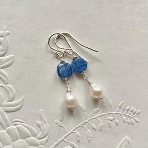 Kyanite and Pearl sterling silver earrings, Handmade blue gemstone and Pearl earrings, Chakra healing stone earrings, Birthday gift for her.