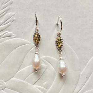 Sterling silver Amber and Pearl earrings, Handmade Baltic green Amber jewellery, Long drop gemstone earrings, Birthday gift for her.